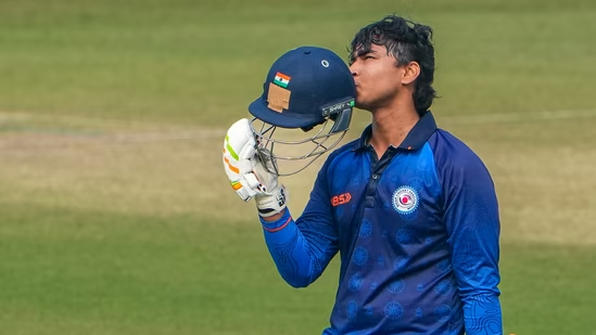 Vaibhav Suryavanshi celebrates his century during a Vijay Hazare Trophy 2025 match.(PTI)
